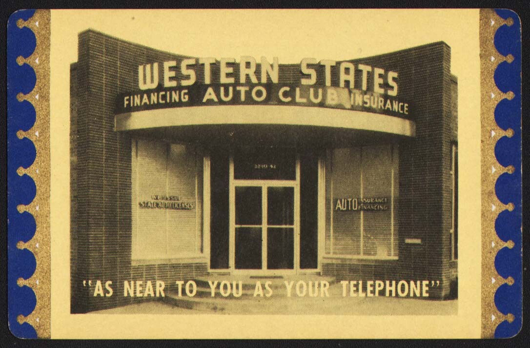 Vintage single playing card WESTERN STATES AUTO CLUB building pic blue border