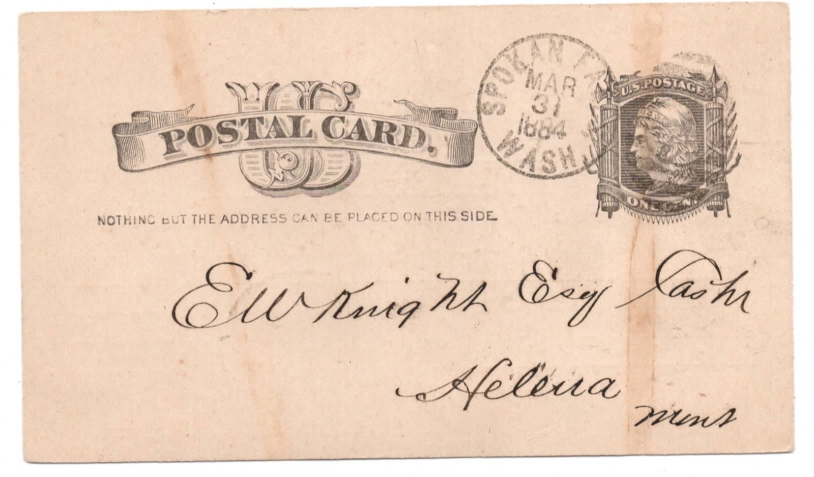 1884 Gov’t Postcard from Bank of Spokane Falls W.T. Washington Territory