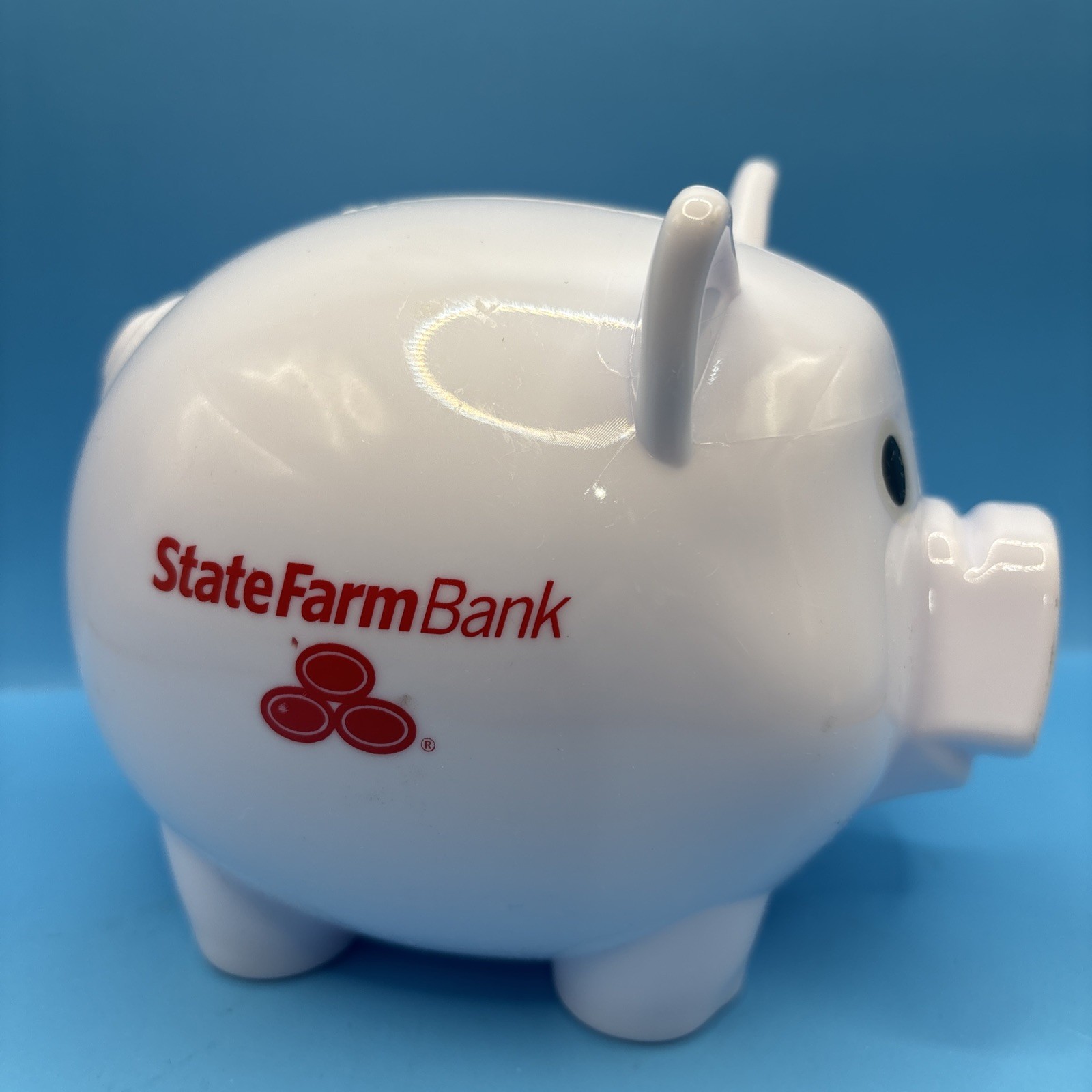 RARE State Farm Bank Gold Bond 4.25″ Tall White Plastic Pig Piggy Bank