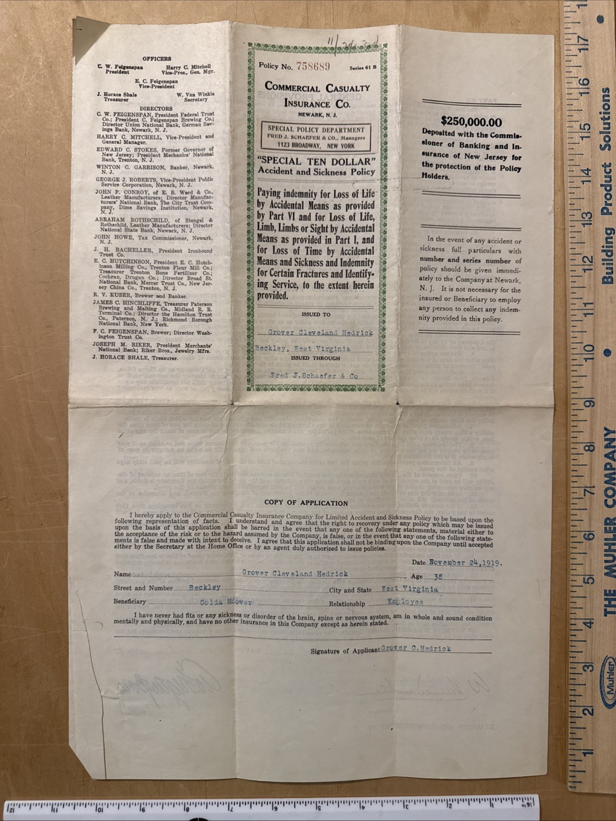 1919 Commercial Casualty Insurance Company Policy Document Newark New Jersey