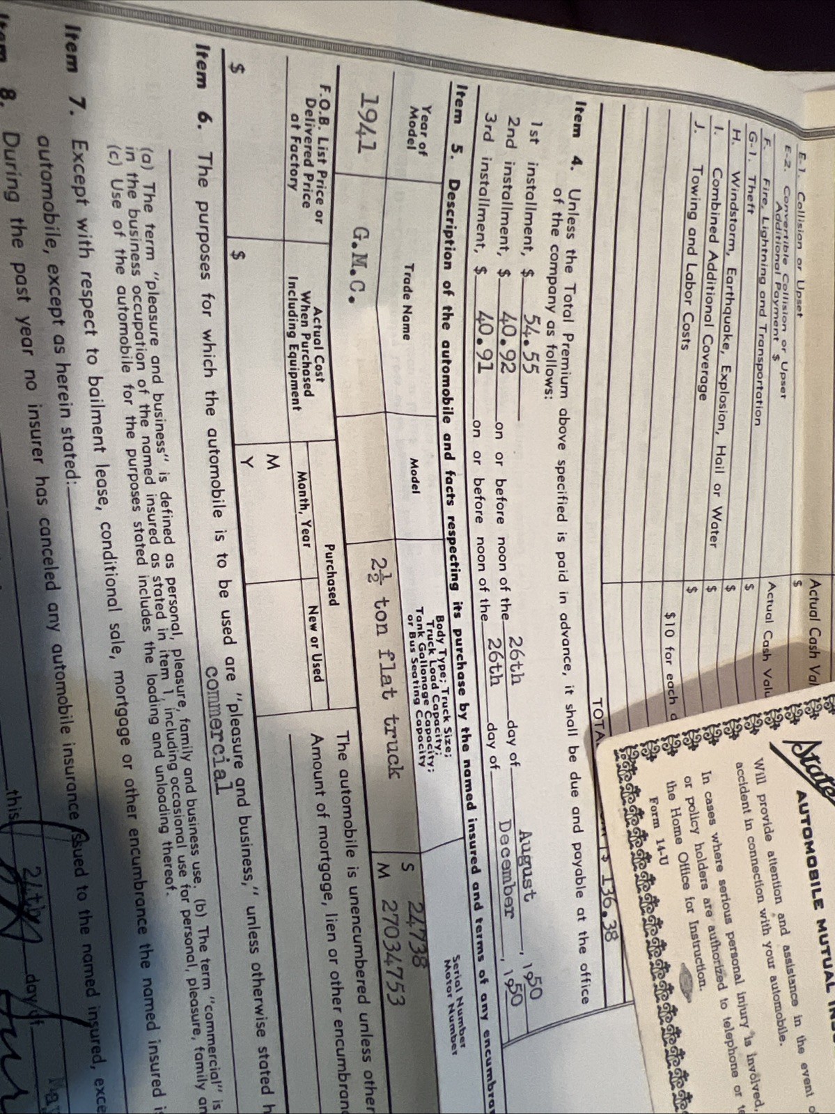 Vintage State Automobile Mutual Insurance 1951 Gmc Truck Card, Pamphlet