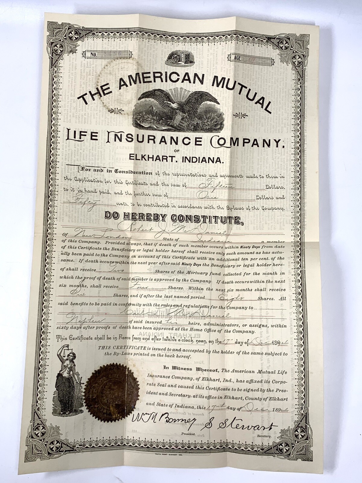 1894 Engraved Insurance Policy American Mutual Life Insurance Elkhart Indiana