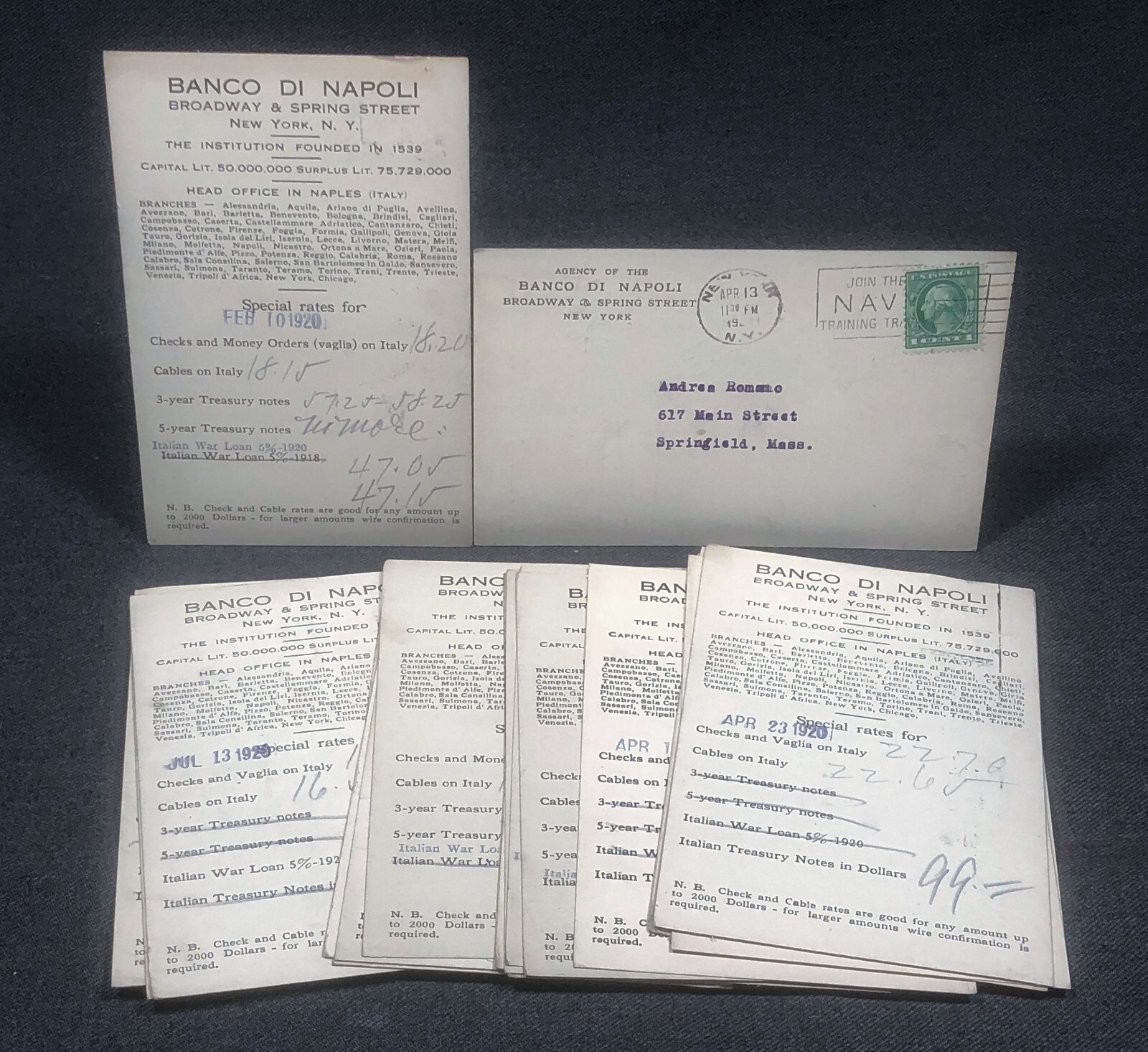 20 Banco Di Napoli 1920s Postal Card Notices Treasury Note Price Italy War Loans