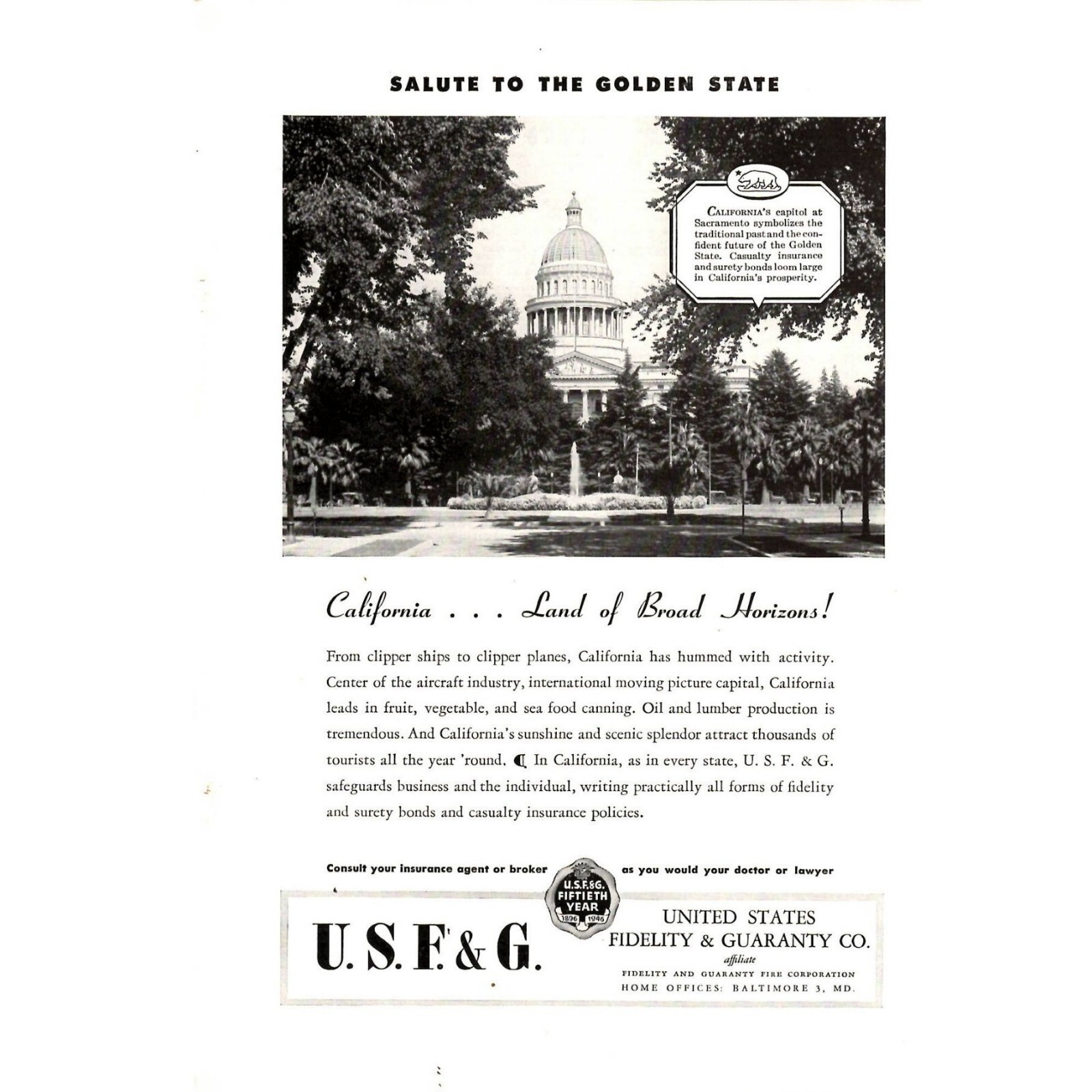 1946 Print Ad United States Fidelity & Guaranty Co U.S.F.& G California