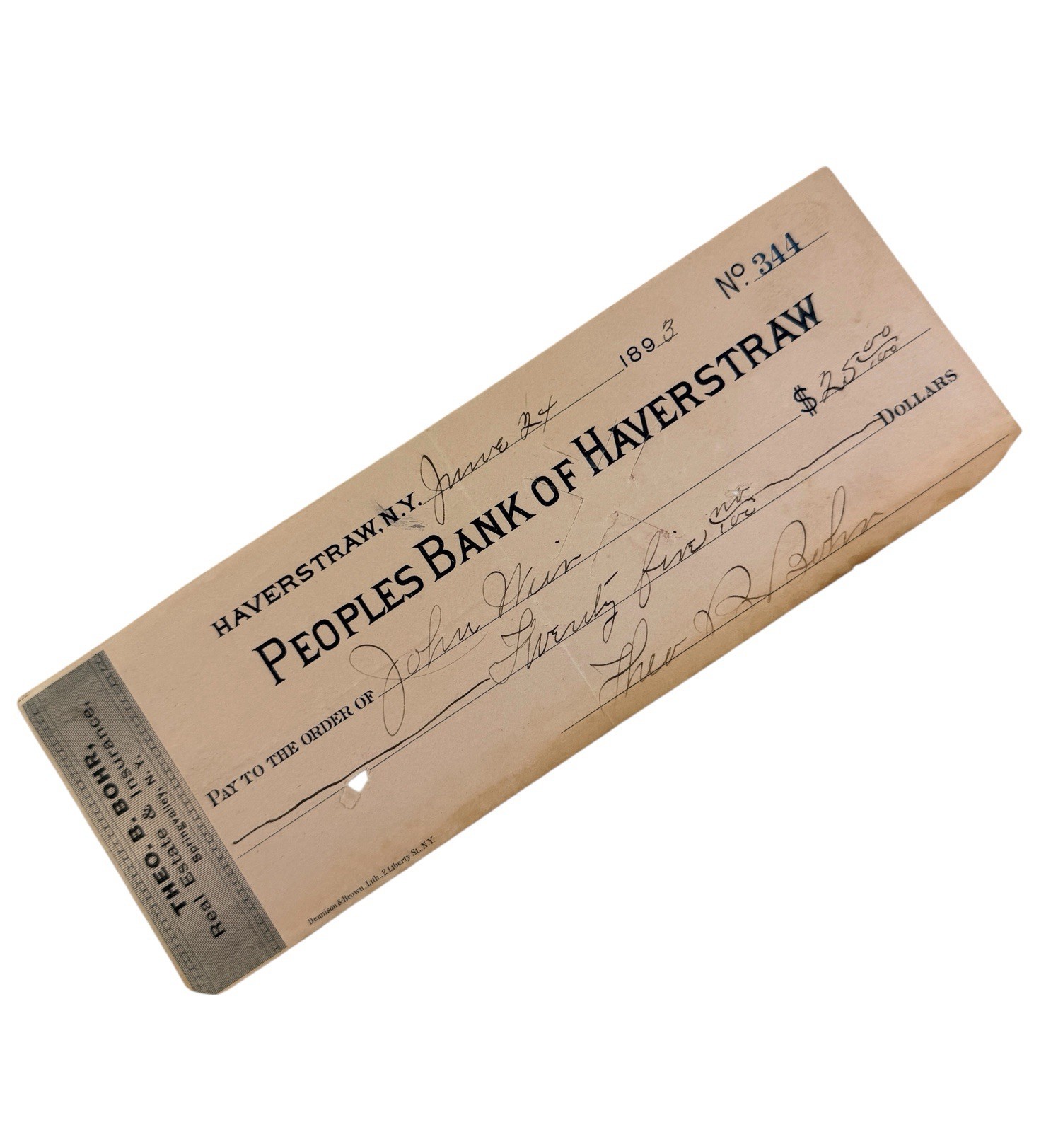 1893 Peoples Bank of Haverstraw NY Check-Theo. B Bohr-Springvalley-Antique 1890s