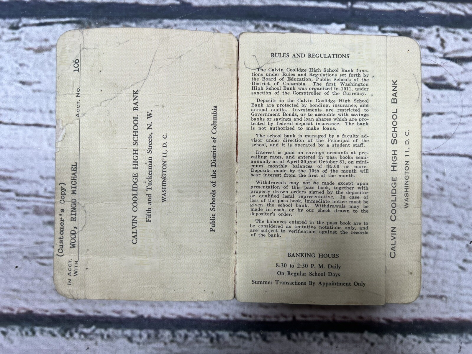 VTG Calvin Coolidge High School Bank Washington DC 1971 Pocket Bankbook Register