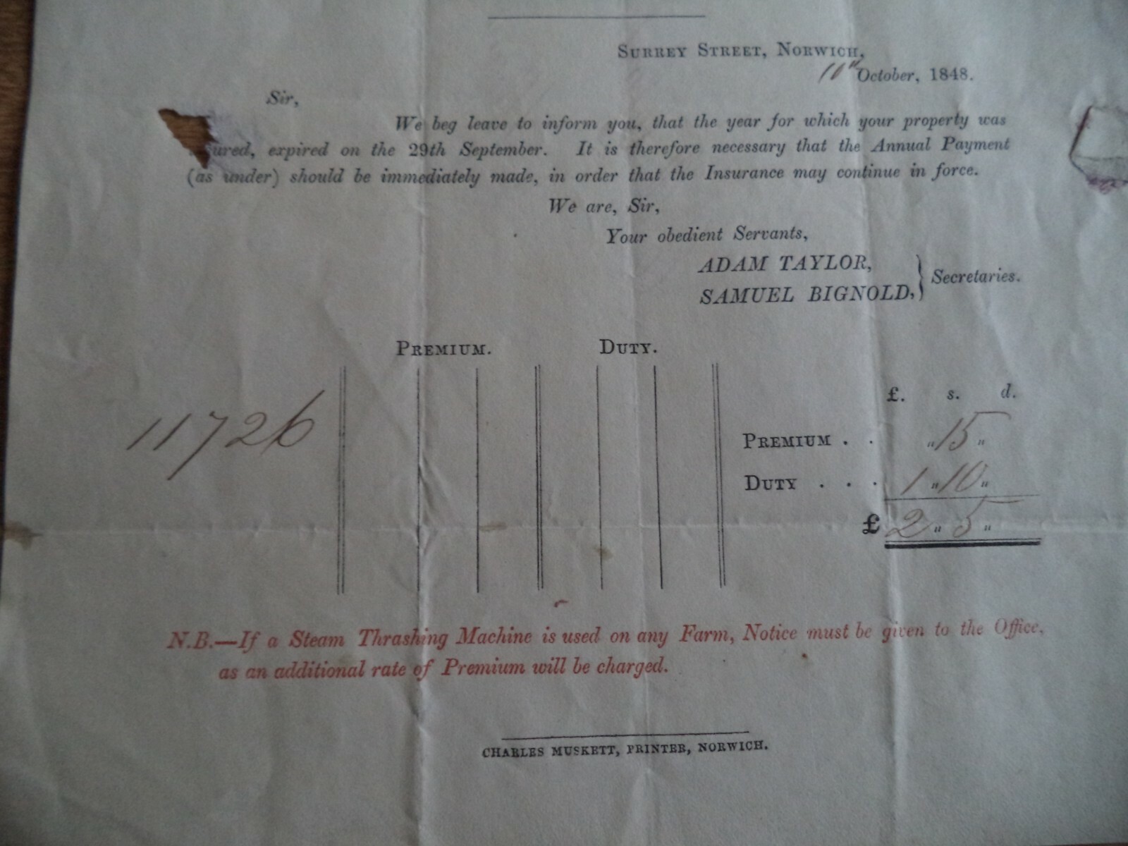 1848 Norwich Union Fire Insurance Society Old Original Vintage Memorabilia P24