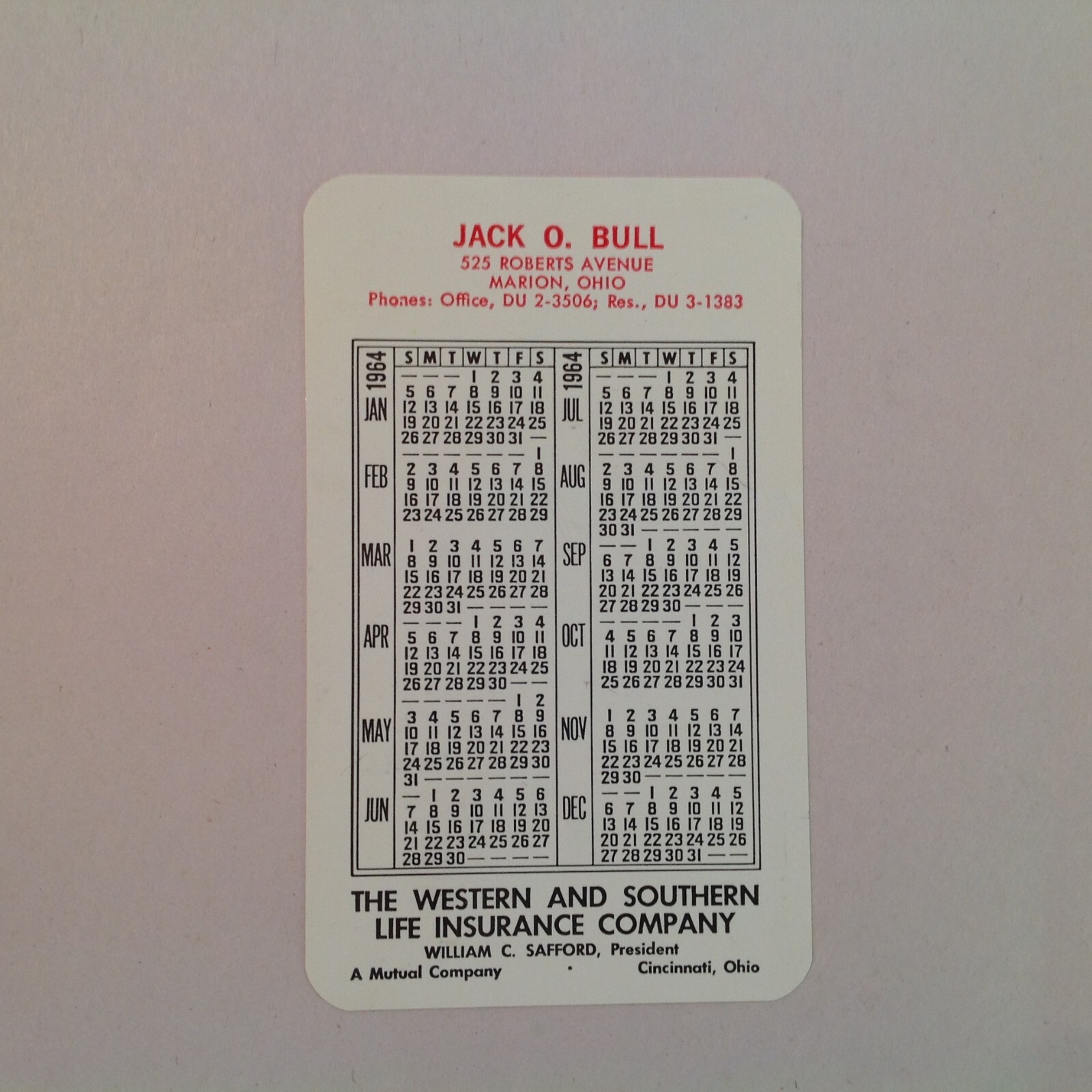 Vtg 1964 Western & Southern Life Insurance Co Pocket Calendar Card Jack O Bull