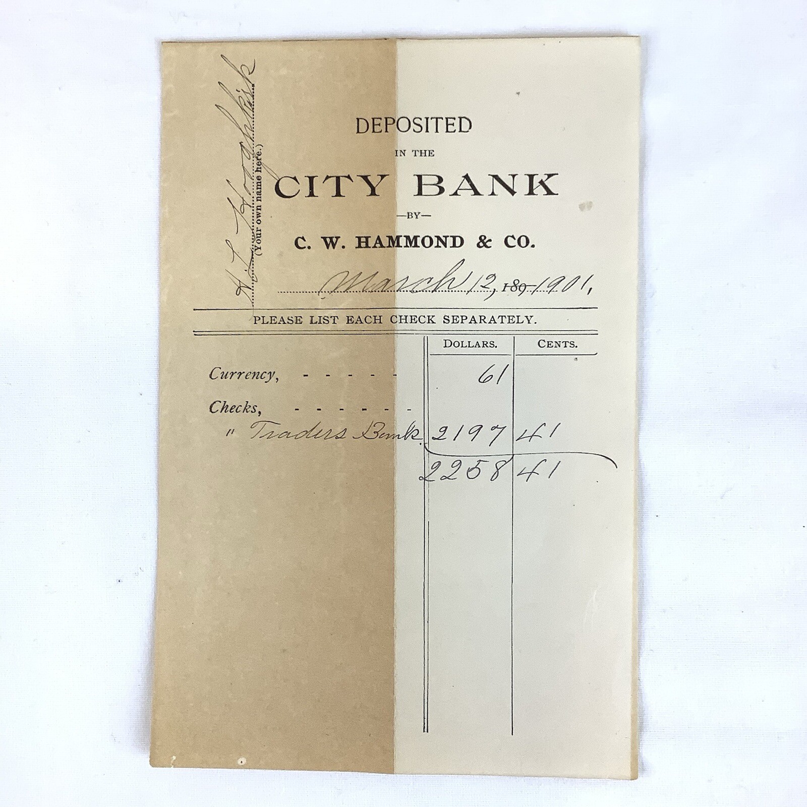 Antique Bank Deposit Slips Lot Of 4 1901 C. W. Hammond & Co. Philadelphia PA