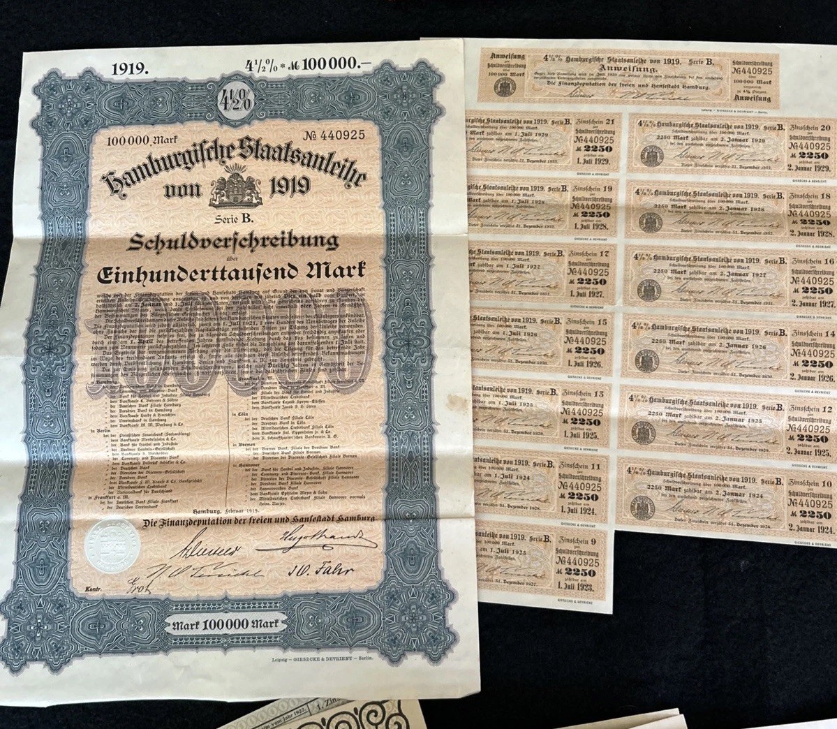 2 Sets Of 5 German War Bonds W Coupons 100,000 – 2,000 Marks 1919-‘26 Original
