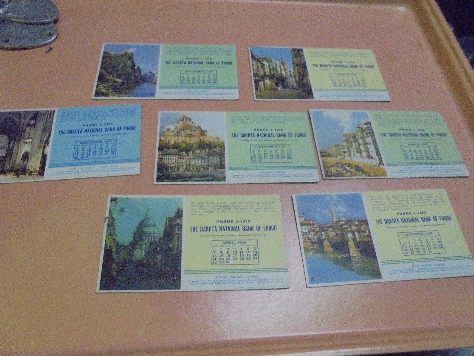 Vintage Lot of Seven 1946 Ink Blotters from The Dakota National Bank of Fargo ND