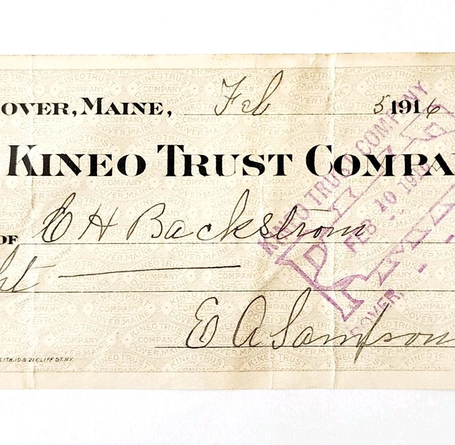 1916 Kineo Trust Company Bank Check E.A. Sampson Dover Maine Signed 7140 CHX4
