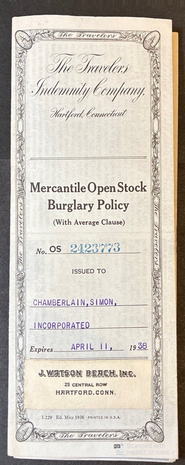 HARTFORD ~ THE TRAVELERS IMDEMNITY CO. POLICY on Auto Dealership 1937-1938