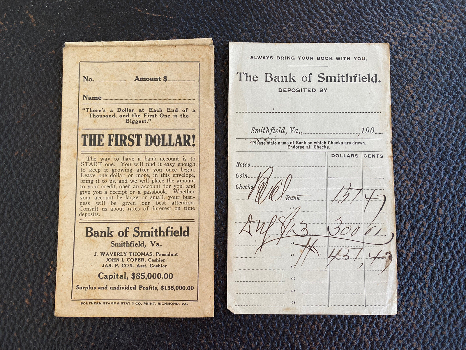 Bank of Smithfield Virginia 1st Dollar Envelope & Deposit Slip Two Pieces