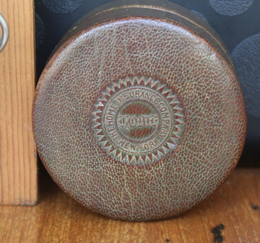 Vintage New York HOME Insurance Collapsible Cup Metal w/ Embossed Leather Case