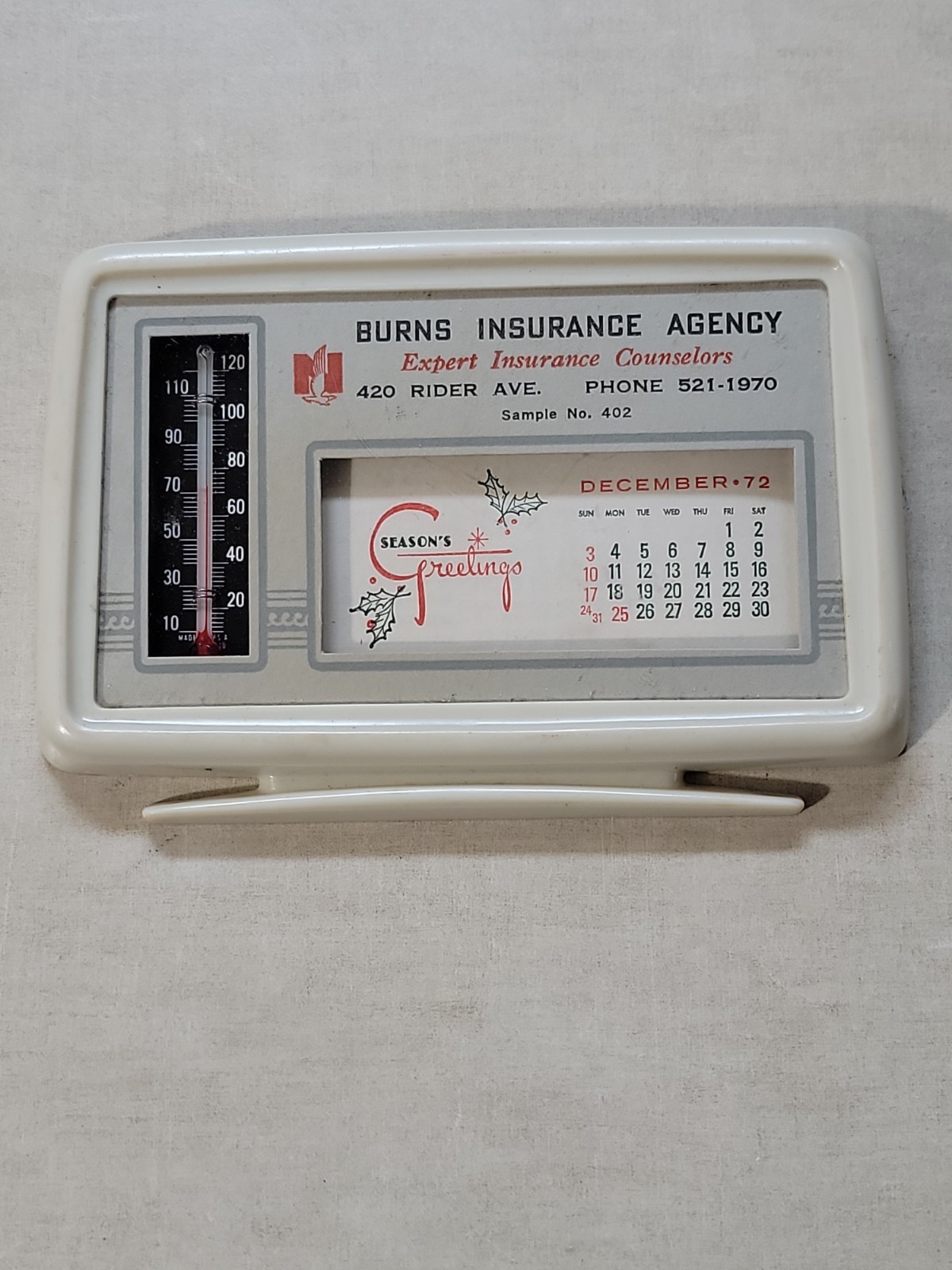 1972 Salesman Sample Mini Calendar Thermometer Nationwide Insurance