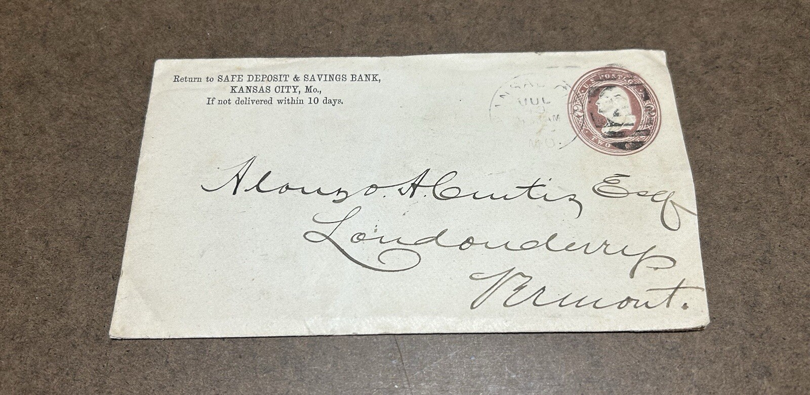 KANSAS CITY SAFE DEPOSIT AND SAVINGS BANK LETTER & ENVELOPE DATED 1886