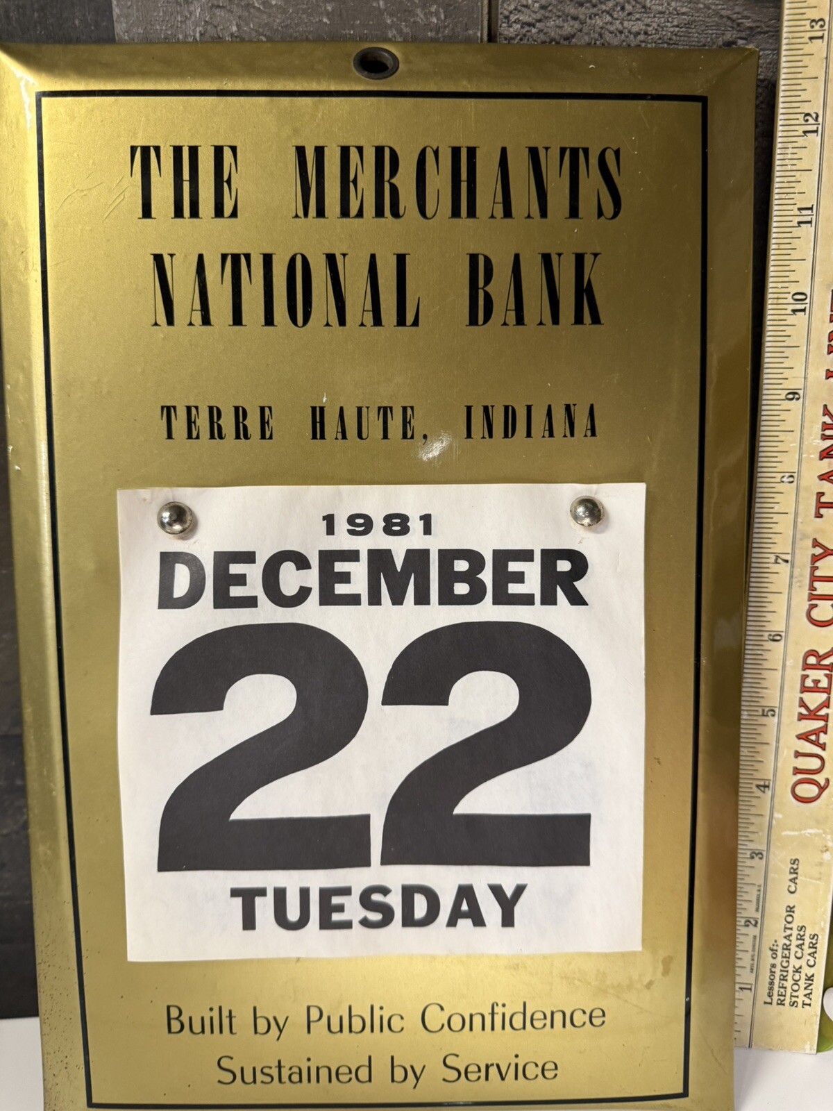 Vintage 1980s Merchant National Bank Terre Haute Indiana Metal Calendar Sign
