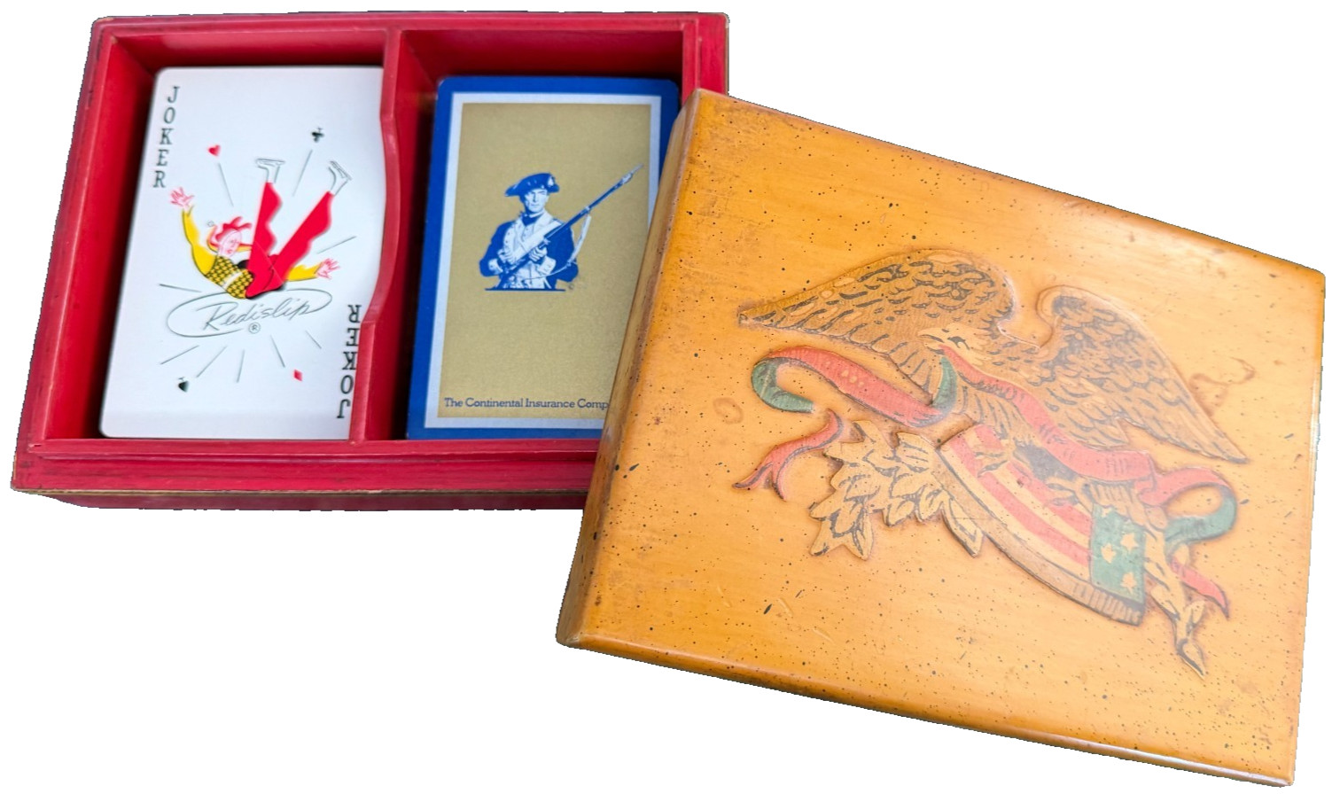 Vtg PlayingCards Cont Insurance Wooden Box Raised Patriotic Eagle Militia Signed