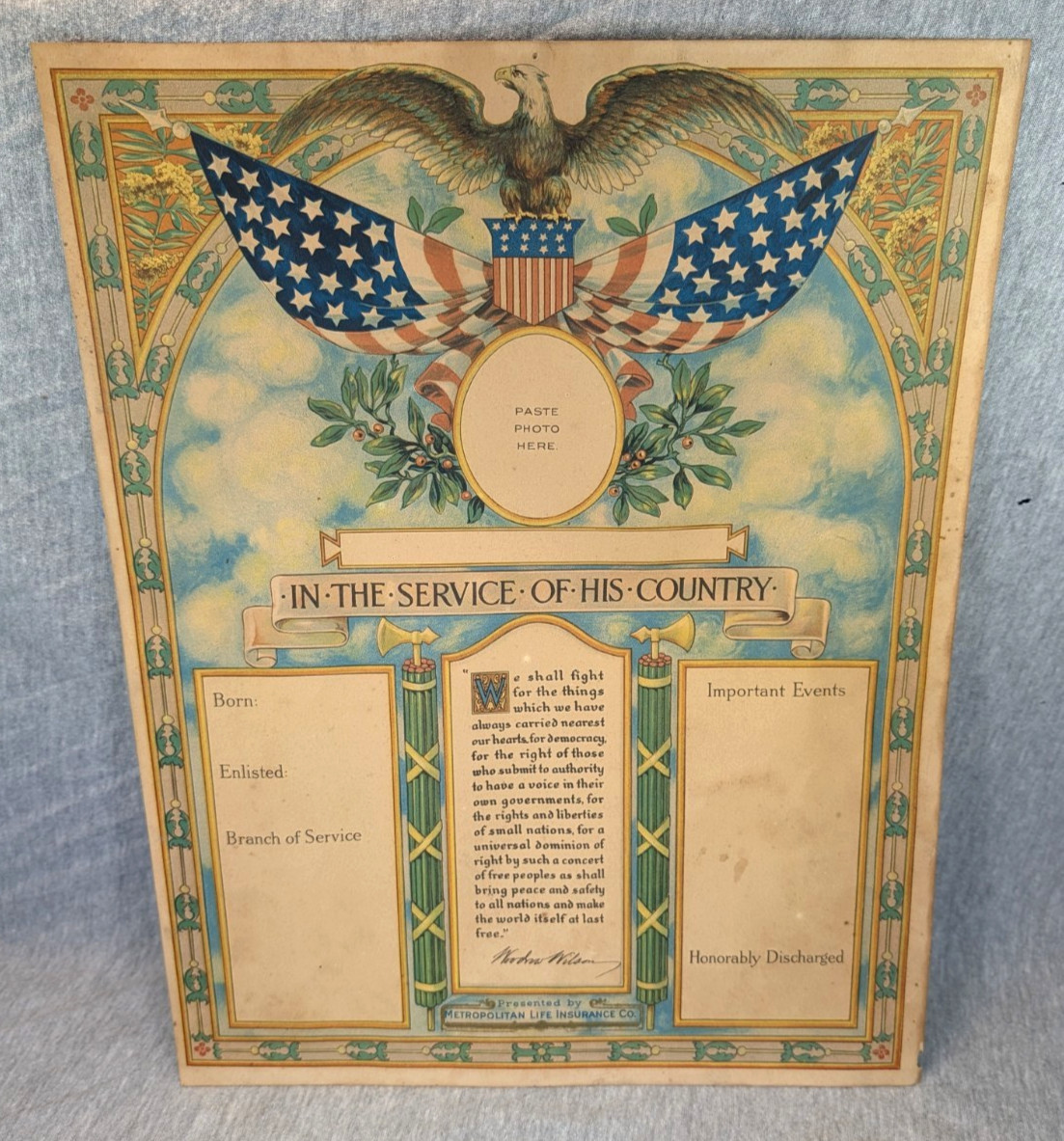 Antique WW1 US Roll of Honor Cantwell Cambridge MD Metropolitan Life Insurance