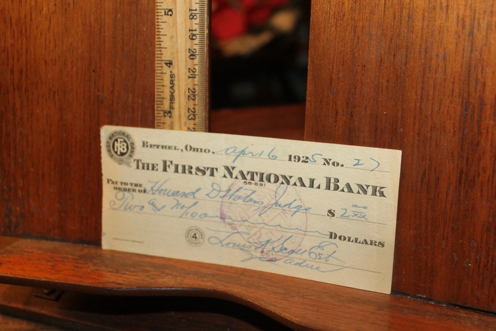 Antique 1925 Bethel Ohio First National Bank Ohio Cancelled Check