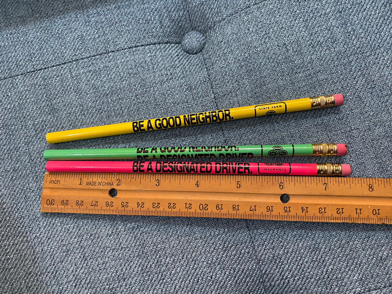 3 Vintage State Farm Pencils Green Yellow Pink Designated Driver Unsharpened