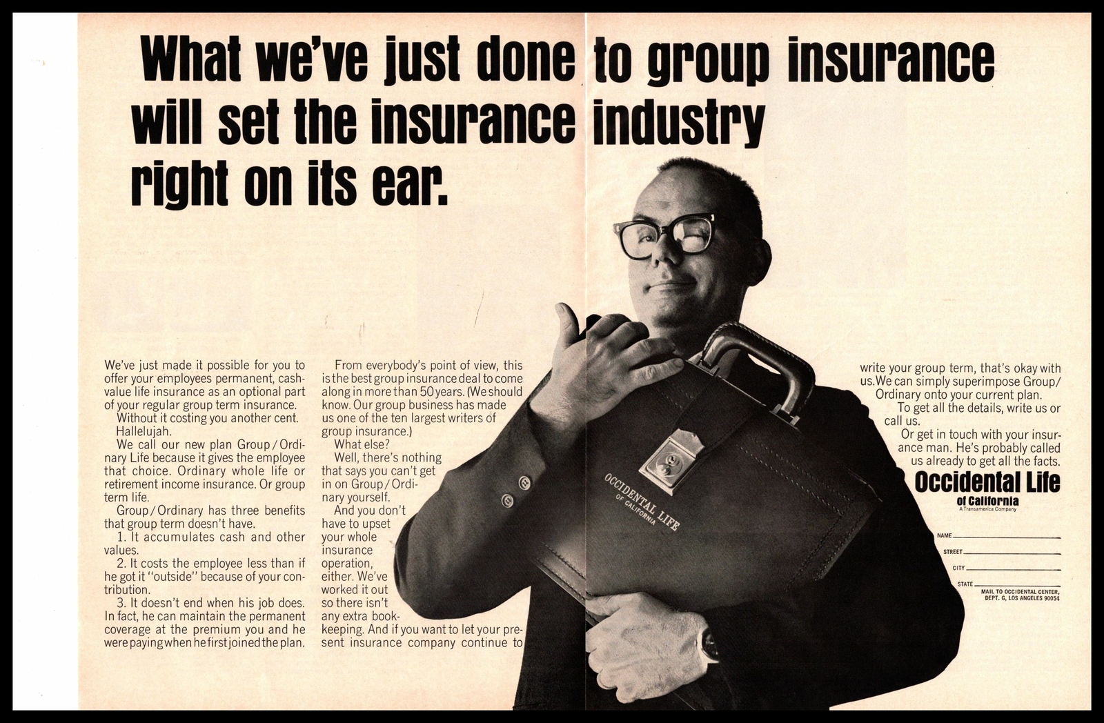 1966 Occidental Life Insurance Of California Briefcase Attache 2-Page Print Ad