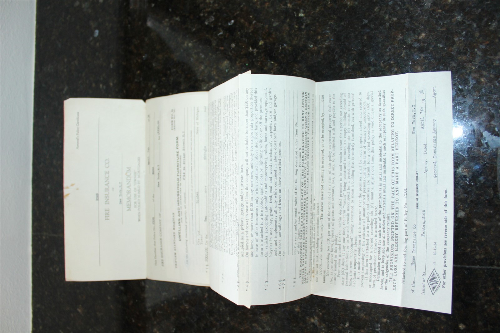 Vintage 1936 Insurance Policy Fire Insurance Co. Fenton, MI