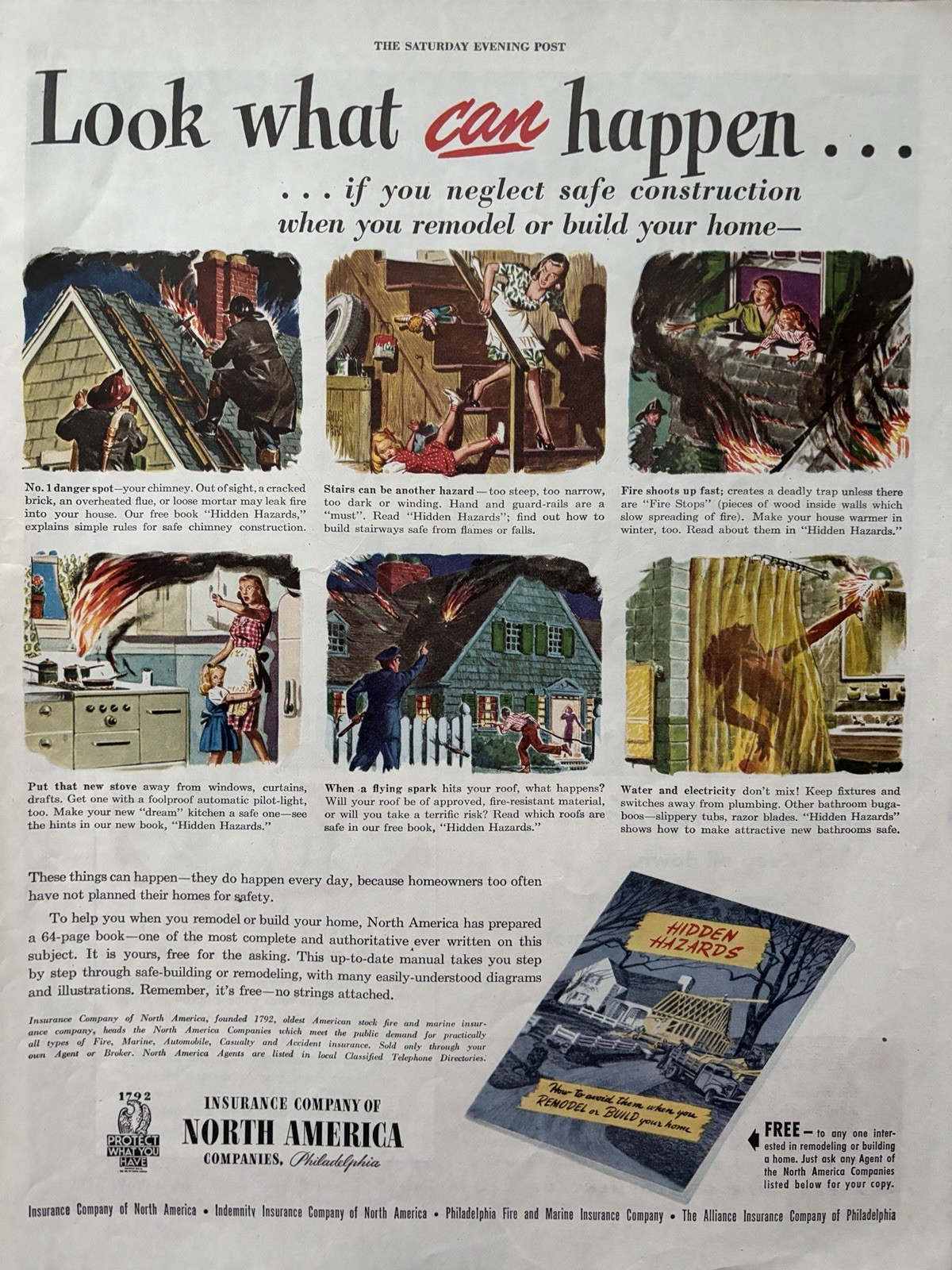 1946 Insurance Companies North America Fire Hidden Hazards Neglect VTG Print Ad