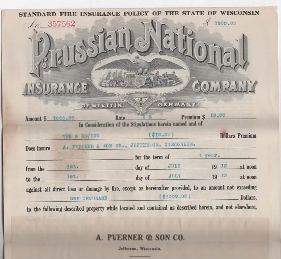 The Prussian National Insurance Co. Stettin Germany 1912 Fire Insurance
