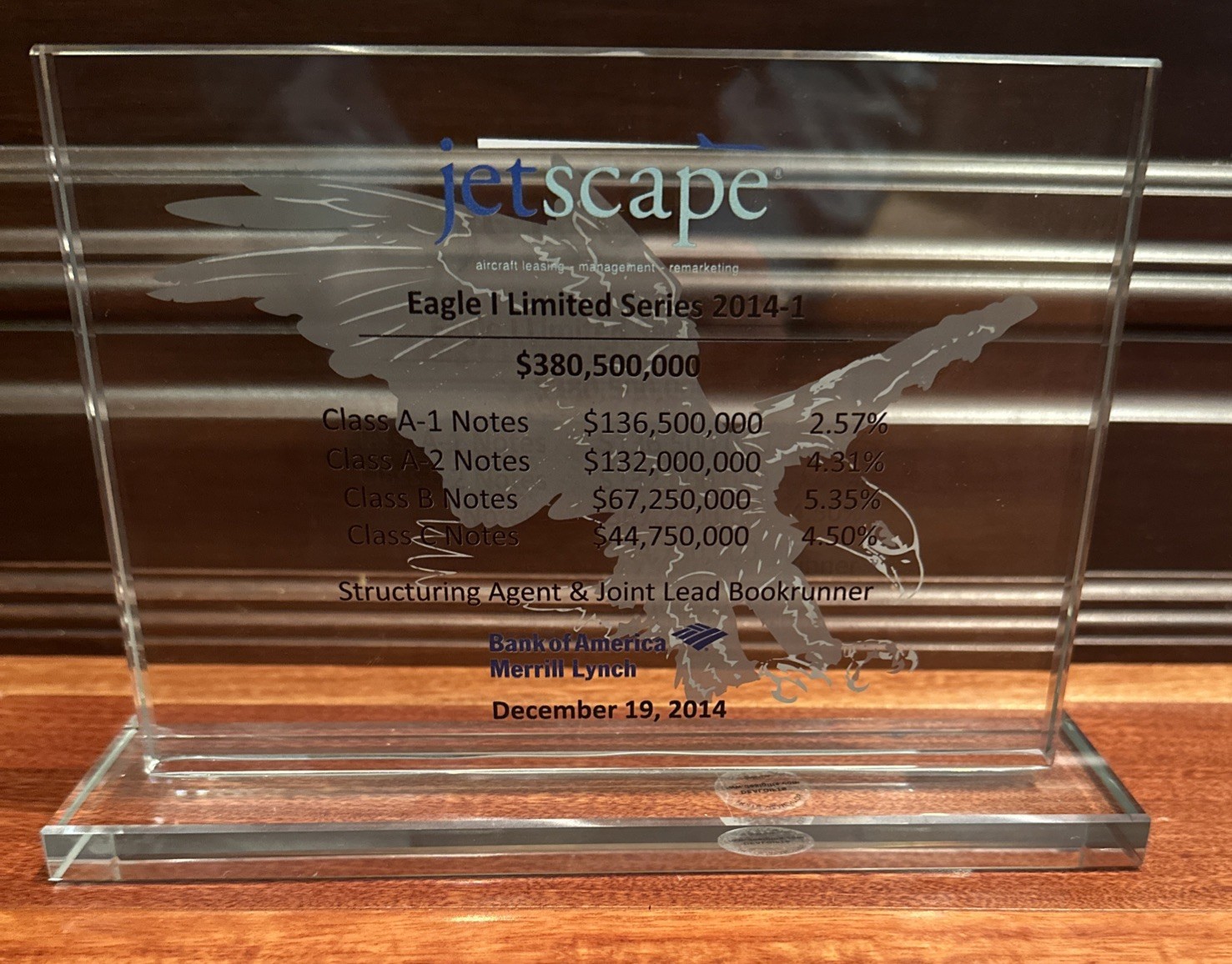 Jetscape Glass Wall Street Paper Weight Tombstone Bank of America Merrill Lynch