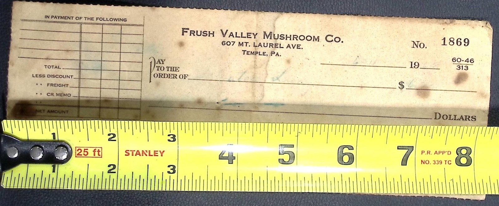 1950s Frush Valley Mushroom Co Check Berks County Trust Reading PA Vintage