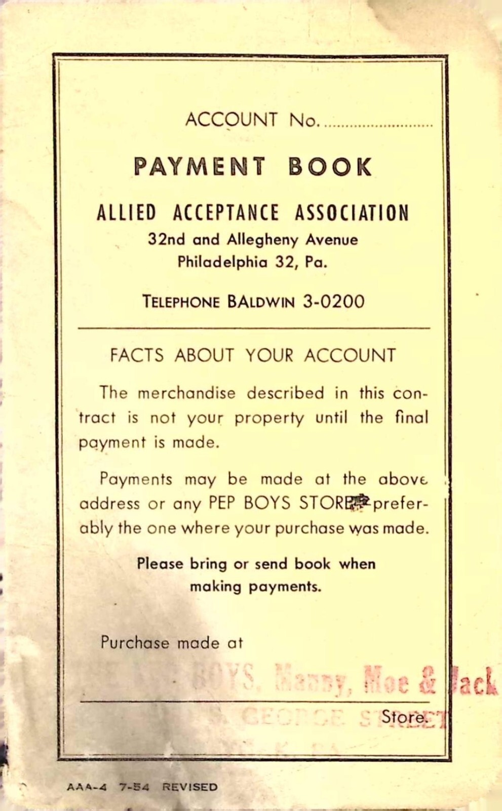 Vintage 1956 Allied Acceptance Association Payment Book – Philadelphia PA