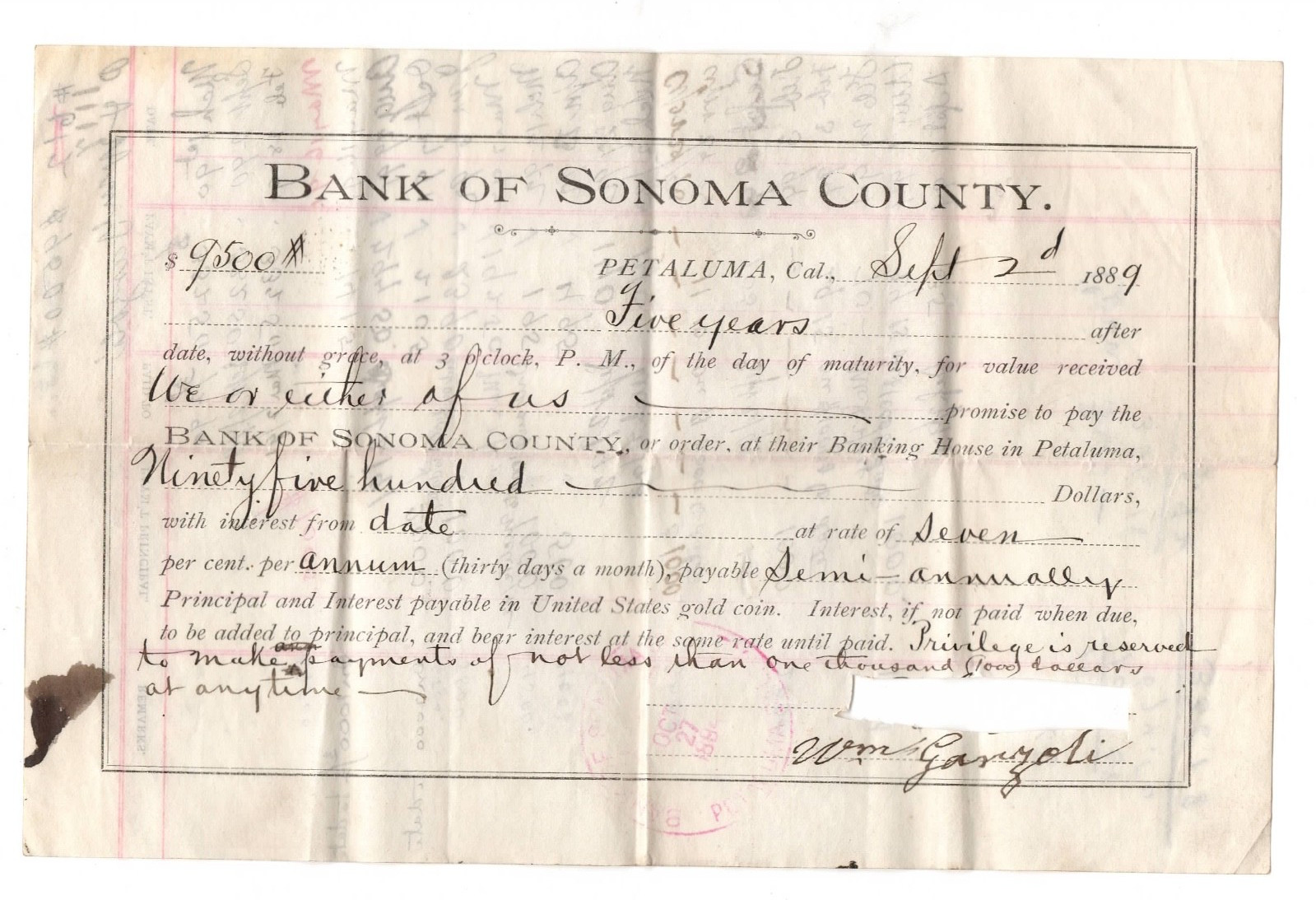 1889 Receipt to William Garzoli from the Bank of Sonoma County Petaluma CA