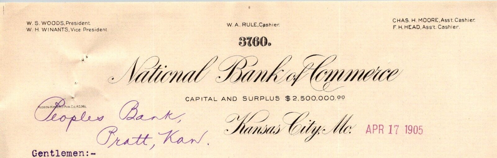 1905 NATIONAL BANK OF COMMERCE LETTER TO PEOPLES BANK PRATT KANSAS CITY MO AC186