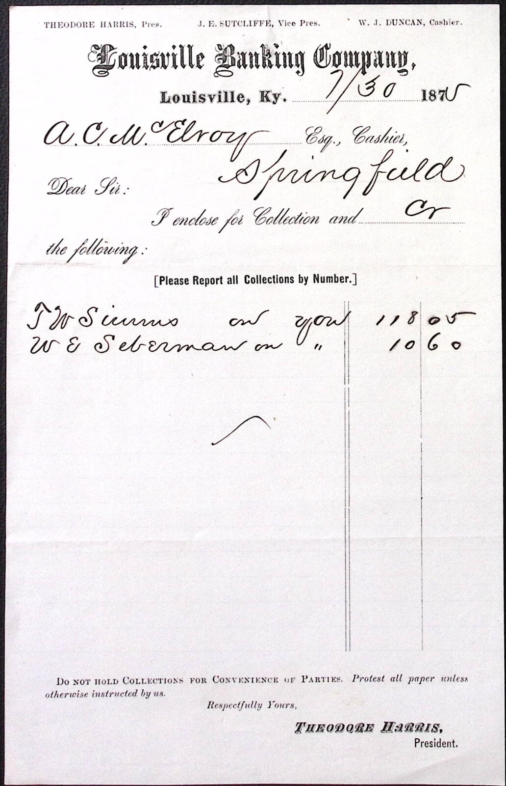 1875 Louisville Banking Company Billhead Louisville KY 5.5 x 8.5″
