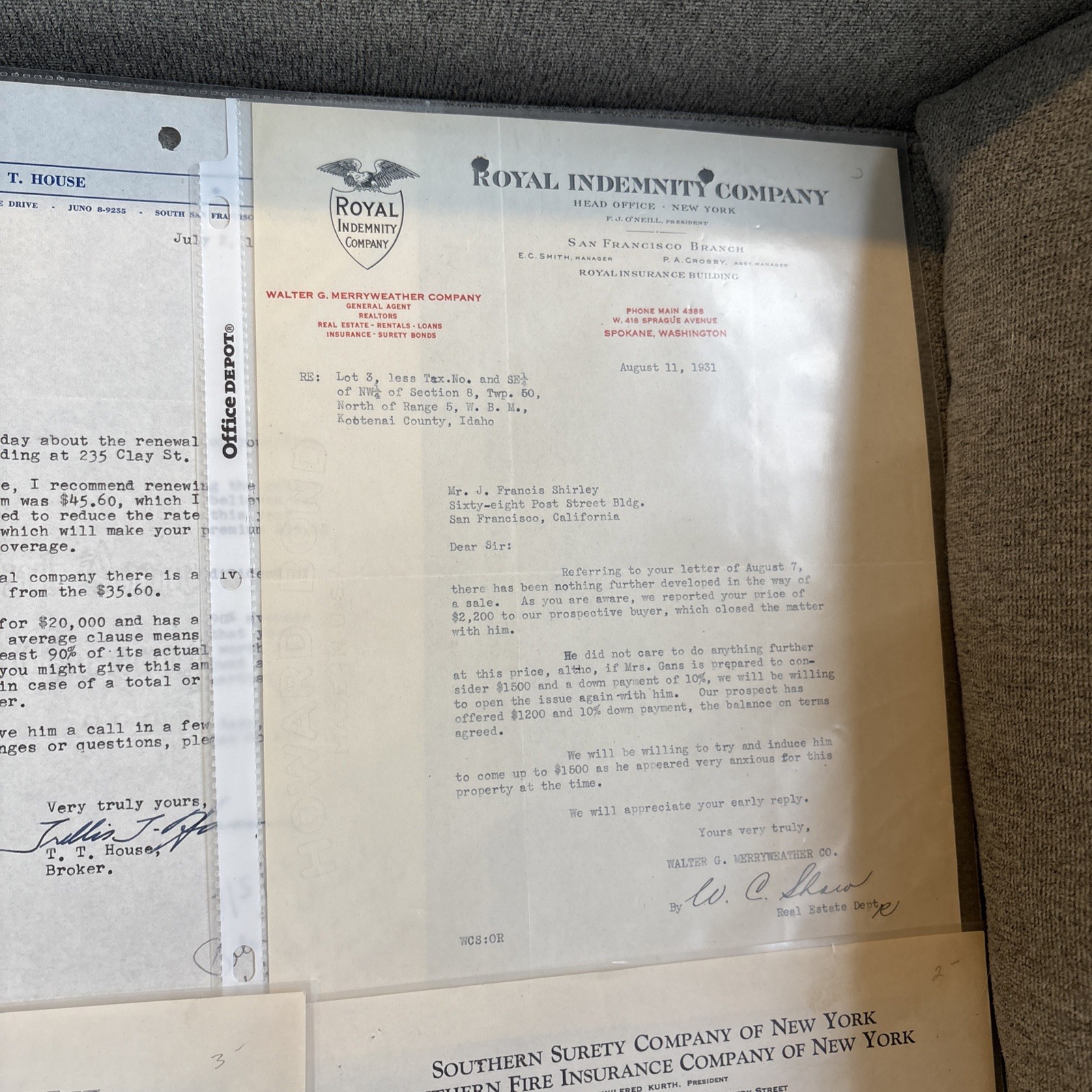 Nine Insurance Company Letters 1930-57 – All are California Companies