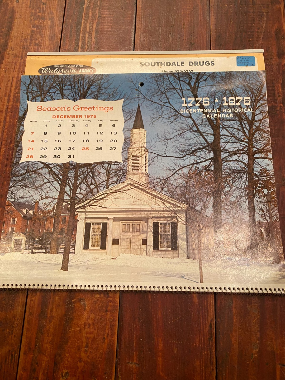 1976 Southdale Drugs Starkville, Mississippi Bicentennial Historical Calendar