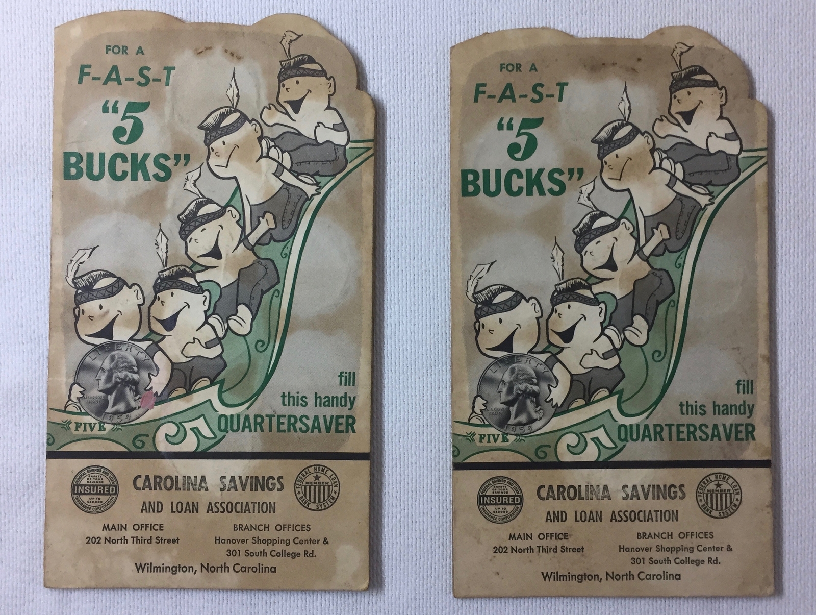 lot of two vintage CAROLINA SAVINGS QUARTERSAVERS~Indian Boys On 5 Dollar Slide