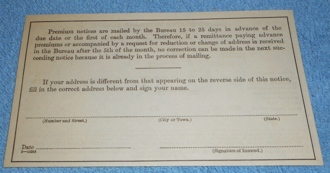 1923 United States Veterans Bureau Insurance Division Premium Notice Receipt