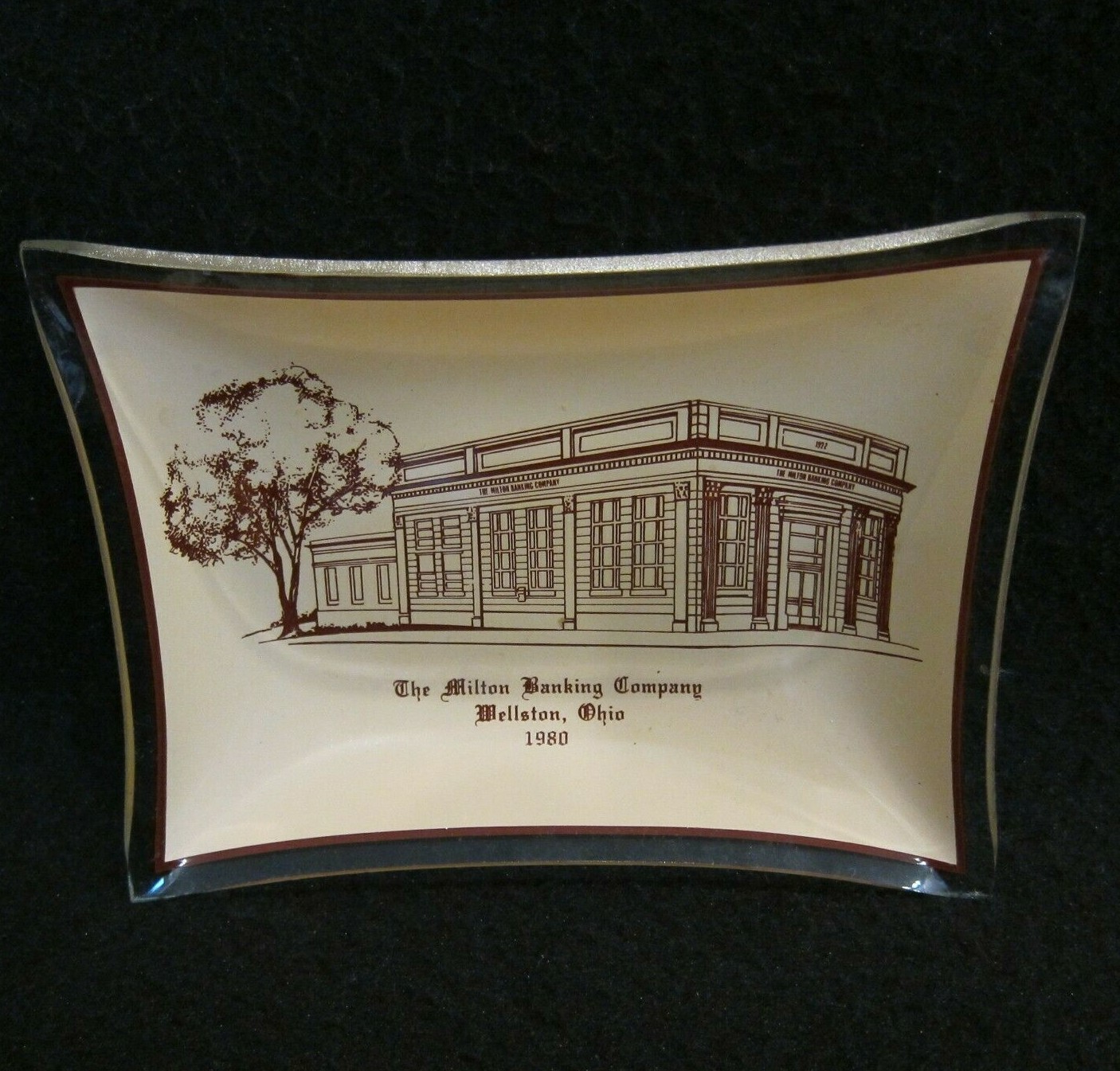 Vtg Wellston Ohio Milton Banking Company 1980 Ashtray Glass Beige Brown 6×4 in 2