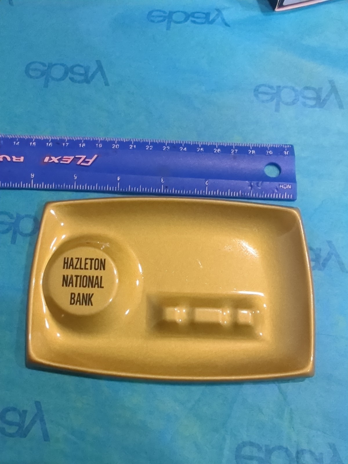 Vintage Hazelton National Bank advertising ashtray Pennsylvania Gold Color Metal