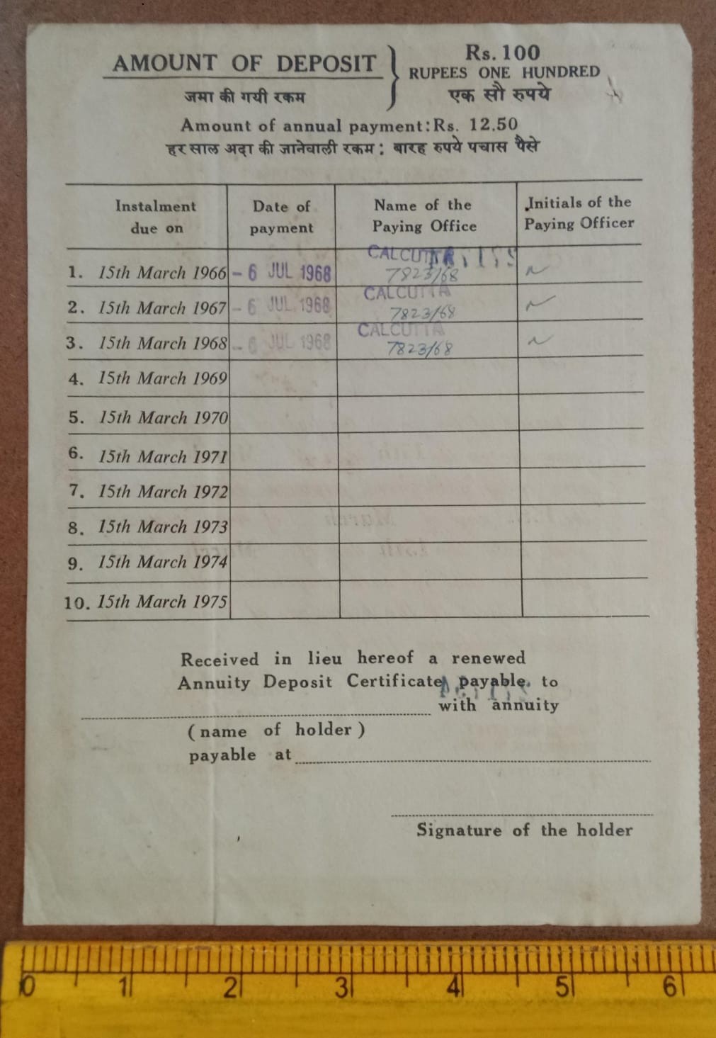 1965 Govt. of India Cert. of Ten Year Annuity Deposit of Rs 100, issued by RBI