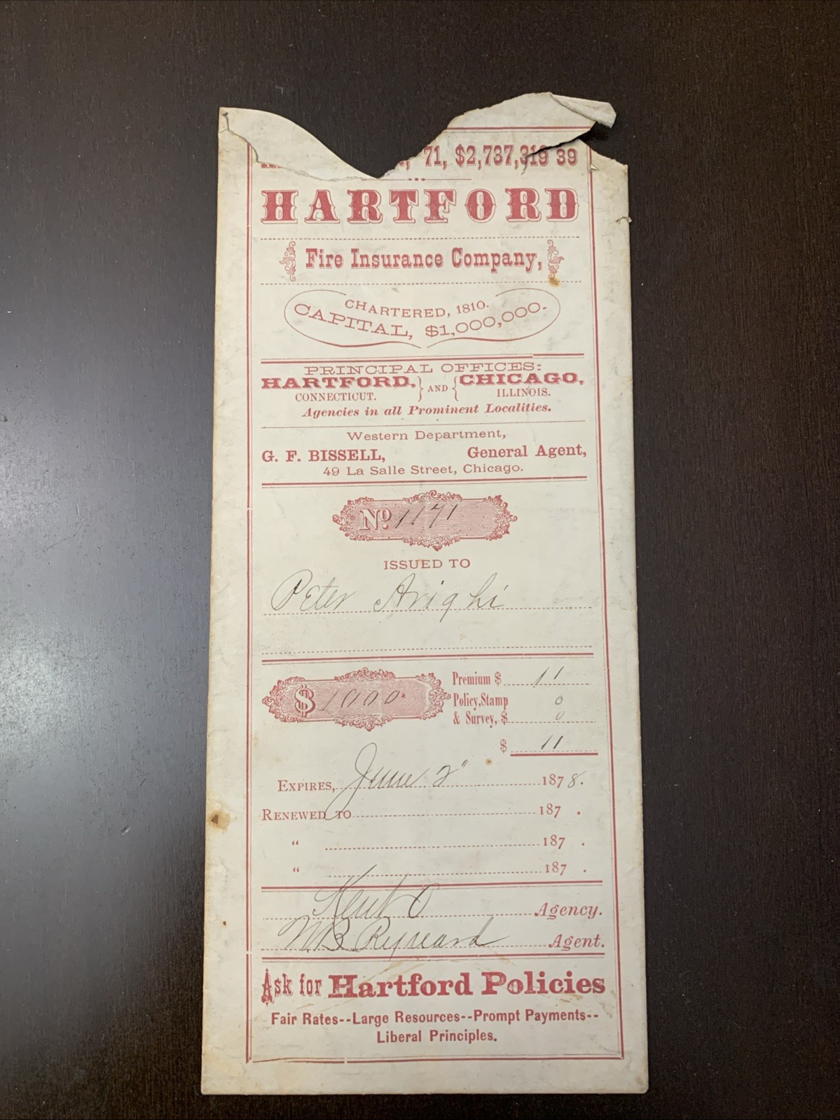 Antique 1877 Hartford Fire Insurance Chicago $1,000 Policy Envelope Peter Arrigh
