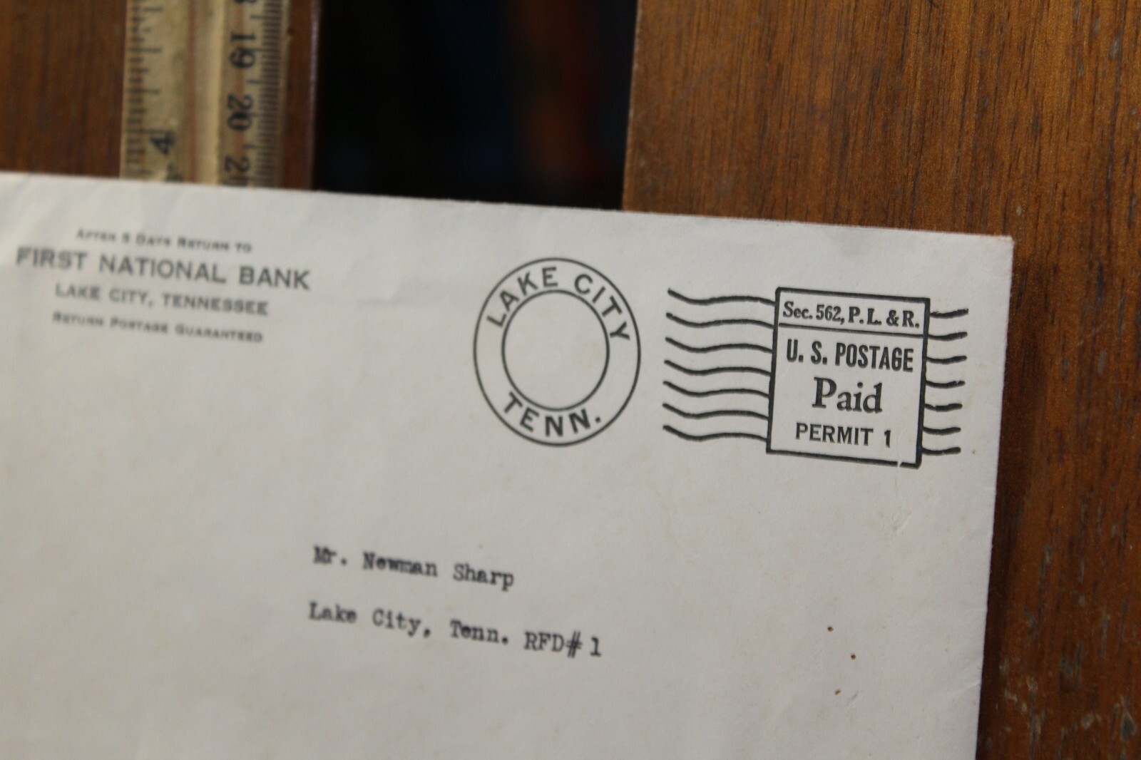 1940’s Envelope First National Bank Lake City, Tennessee