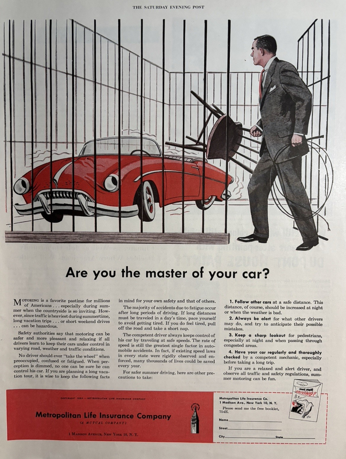 1954 Metropolitan Life Insurance Company Master Car Driving Safe VTG Print Ad