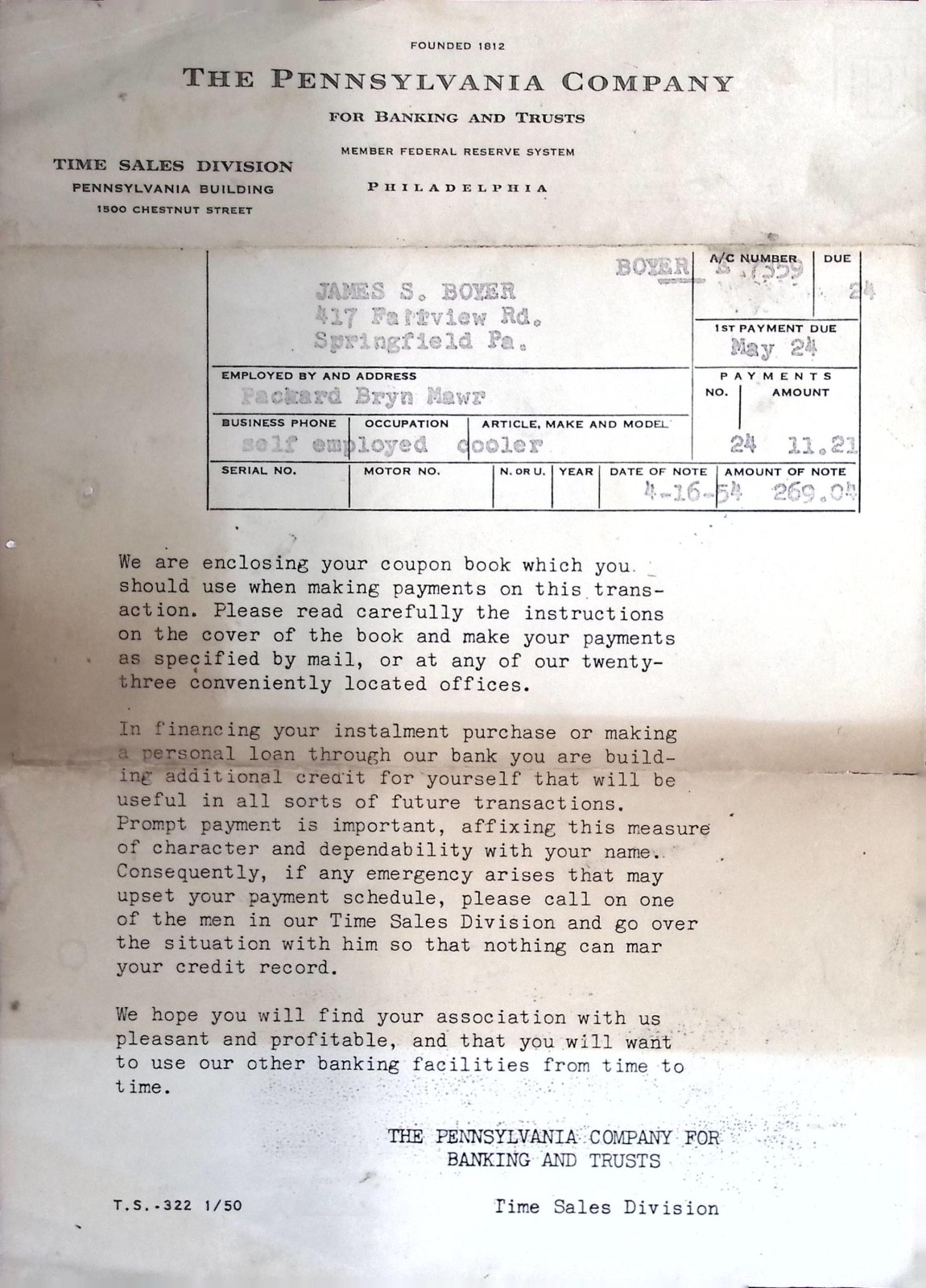 1950 Pennsylvania Company Bank Letter Packard Payment Plan Springfield Pa