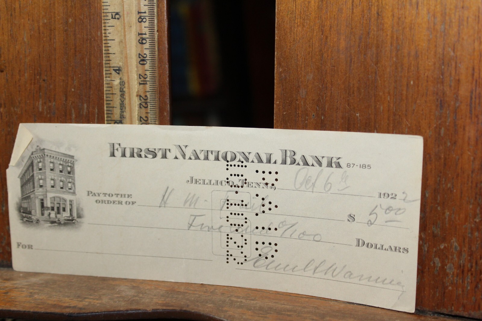 Antique 1922 Check First National Bank Jellico Tennessee