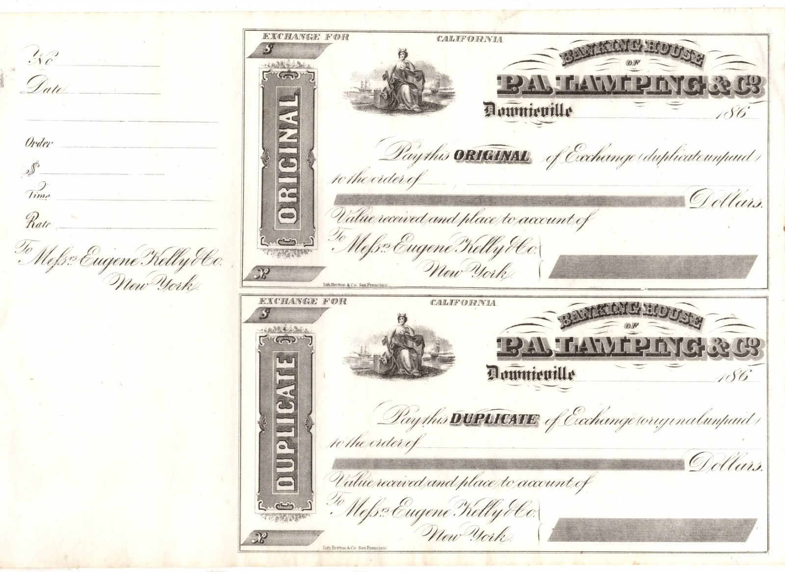 Two Original 1860s Exchanges Banking House of P.A. Lamping Downiwville CA