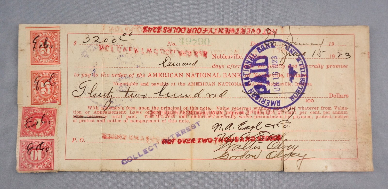 1923 Promissory Note American National Bank Noblesville IN Revenue stamps $3200